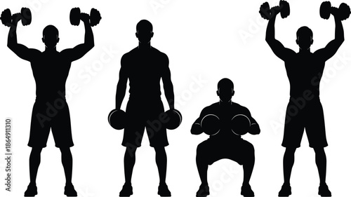 Male fitness silhouettes lifting dumbbells, strength training workout poses, muscular gym exercise set, bodybuilding routine, black vector illustration isolated
