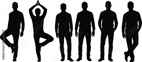 Male silhouettes standing yoga pose collection, man body language positions, balance meditation posture set, black vector illustration isolated white background