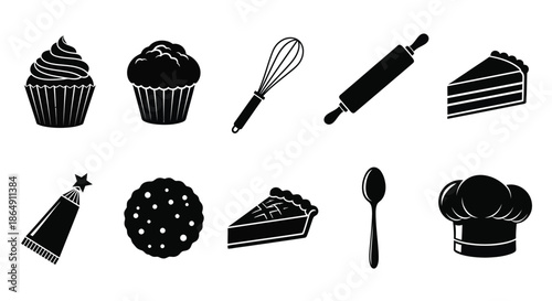 Collection of black and white baking icons featuring cupcakes, utensils, pie slices, and chef accessories.