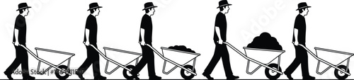 Man silhouette pushing wheelbarrow sequence, construction labor workflow concept, manual work stages illustration, black vector isolated on white