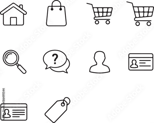 A minimalist set of ten black-and-white outline icons for web and e-commerce, featuring home, shopping bags, carts, a magnifying glass, user profiles, ID cards, help bubbles, and a price tag.