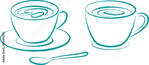 Black and white line drawing of coffee cups with saucer and spoon, minimalist hand drawn beverage illustration vector art