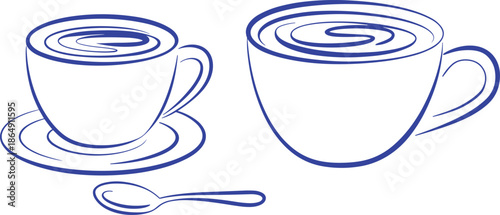 Black and white line drawing of coffee cups with saucer and spoon, minimalist hand drawn beverage illustration vector art