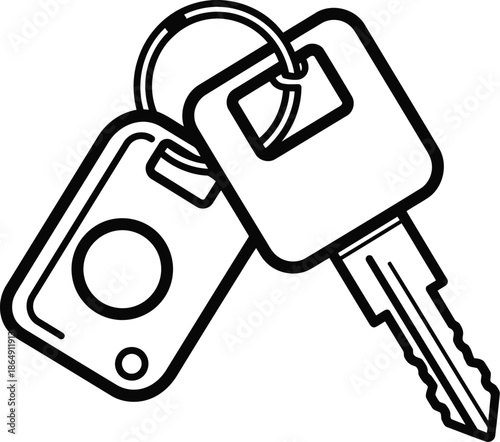 Simple line art illustration of a car key and remote fob on a ring