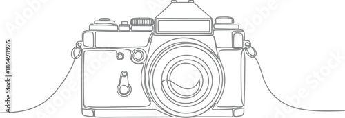 Simple line drawing of a vintage camera with a strap on white background