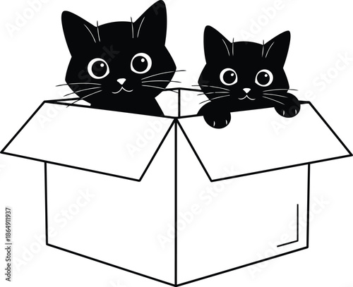 Two adorable black kittens peeking out of a cardboard box