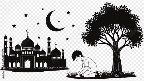 boy praying near mosque and tree at night