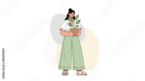 Illustration of a woman holding potted plant demonstrating eco-friendly gardening concepts and