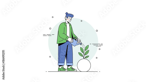 Young woman watering a small potted plant with a watering can in a minimalist illustration