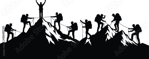 Teamwork mountain climbing silhouette achieving summit success together, leadership and motivation concept, hikers expedition challenge, black vector illustration isolated