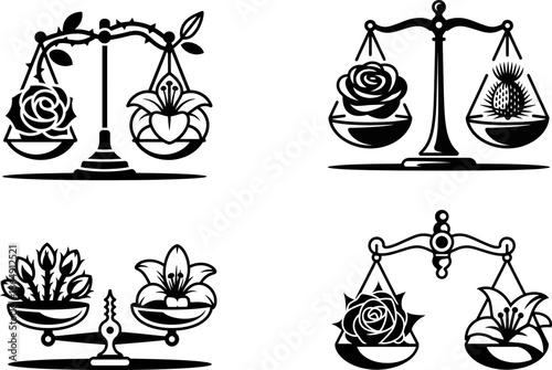 Four Balance Scales with Flowers and Plants