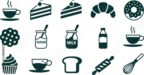 Minimalist black and white food and bakery icon set with coffee dessert kitchen symbols, modern flat vector illustration