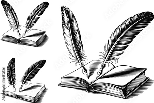 Vintage Quill Pens on Open Books Illustration
