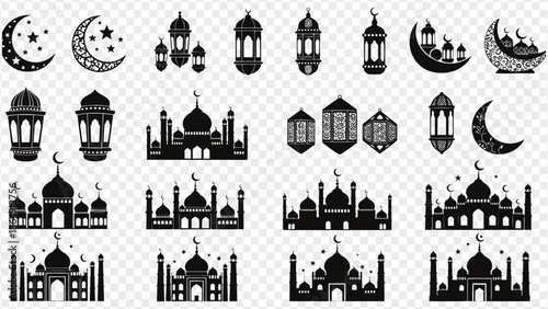 ramadan lanterns and mosques icons