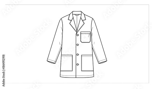 Laboratory coat outline vector illustration with notched lapel and utility pockets