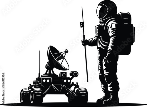 Astronaut stands with exploration rover on a desolate alien planet surface