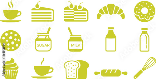 Minimalist black and white food and bakery icon set with coffee dessert kitchen symbols, modern flat vector illustration