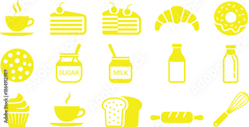 Minimalist black and white food and bakery icon set with coffee dessert kitchen symbols, modern flat vector illustration