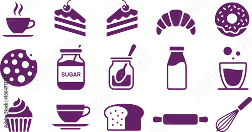 Minimalist black and white food and bakery icon set with coffee dessert kitchen symbols, modern flat vector illustration