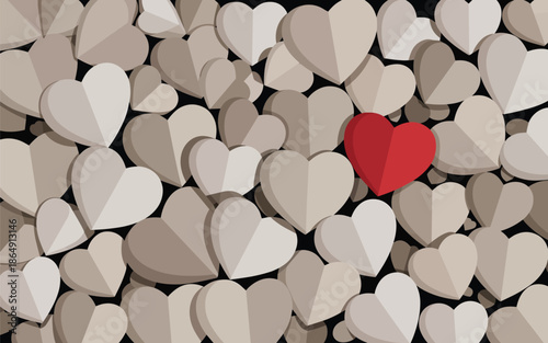A lone red heart stands out among numerous beige hearts in a crowded scene viewed from directly above