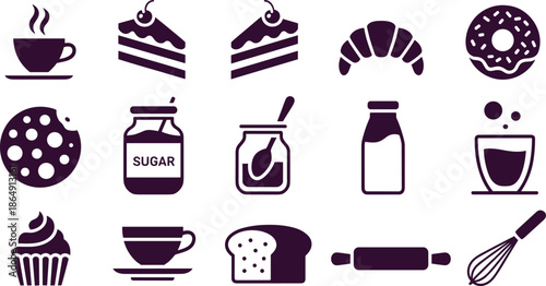 Minimalist black and white food and bakery icon set with coffee dessert kitchen symbols, modern flat vector illustration