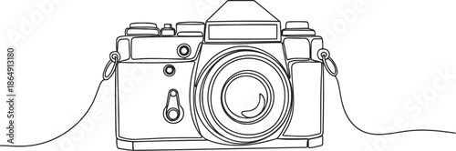 Hand drawn sketch of a vintage film camera with a strap on white background