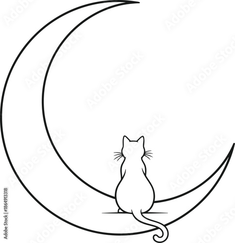 Silhouette of a cat sitting on a crescent moon under the night sky