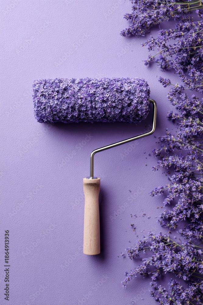 Obraz premium Creative lavender paint roller concept with real flowers on purple background