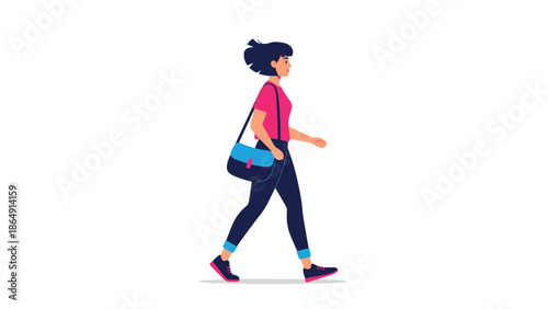 Animated character of a young woman with short dark hair walking confidently, carrying a shoulder bag in a flat design style.