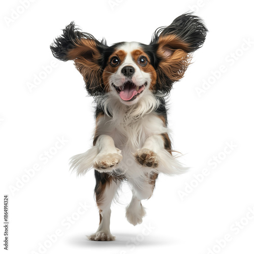 Playful tricolor dog with perked ears and joyful expression mid jump isolated on white background portrait illustration