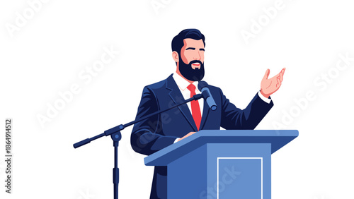 Confident bearded man in a suit speaking at a podium with a microphone, delivering a public speech or presentation.