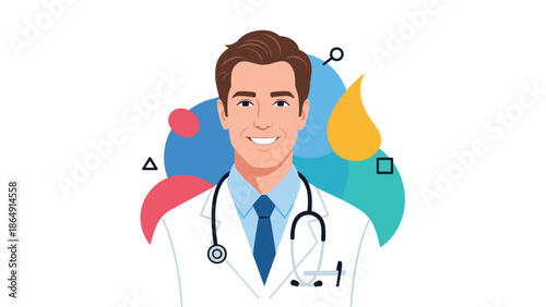 Friendly and handsome young male doctor with a stethoscope smiling warmly, with colorful abstract shapes in the background.
