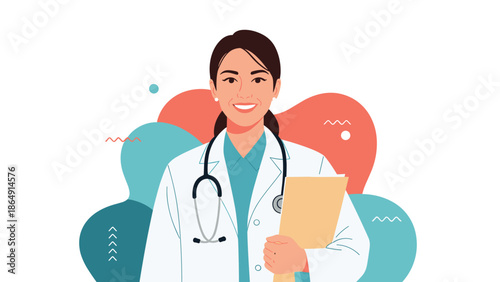 Portrait of a smiling female doctor with a stethoscope, holding a clipboard against a backdrop of modern abstract shapes.
