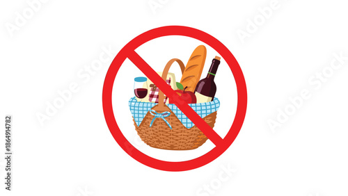 Red prohibition sign over a picnic basket filled with food and wine, indicating that no outside food is allowed.