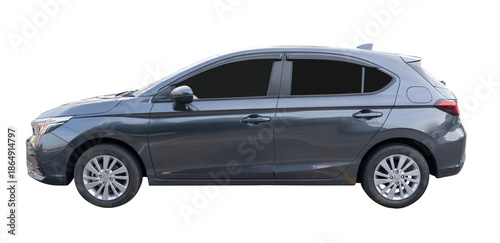 Tableau sur toile Side view of mini or small black sports hatchback car isolated with clipping pat