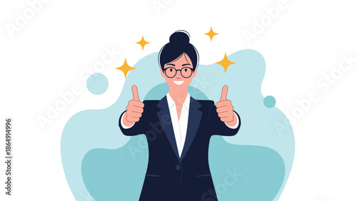Happy businesswoman in a suit and glasses giving two thumbs up, surrounded by sparkles to show success and approval.