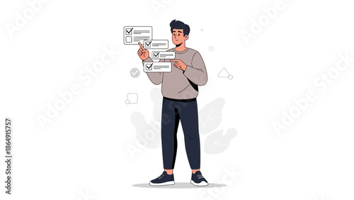 Young man selecting and managing multiple checklists for organization and task completion