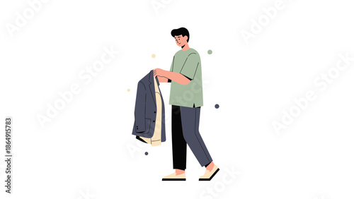 Young man selecting clothing items from his wardrobe for daily wear with a casual style in a