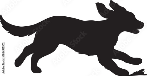 A silhouetted image of a dog running with a playful energetic posture