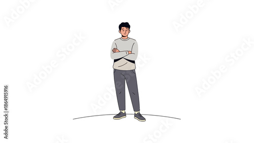 Young man standing with arms crossed in casual attire on a plain background emphasizing confidence