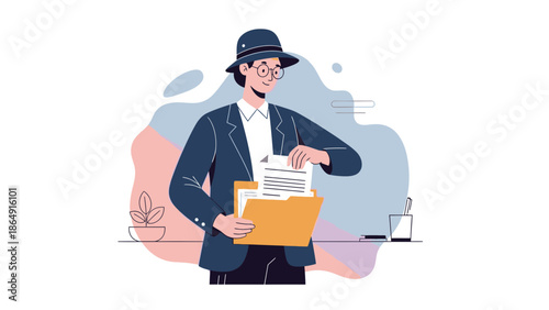 Young professional woman in stylish attire holding documents during work day with colorful
