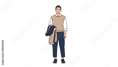 Young professional woman standing confidently with stylish casual outfit and jacket in hand for