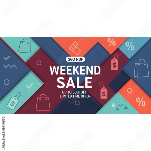 Vibrant weekend sale banner with up to 50% off limited time offer