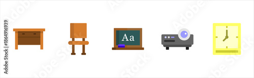 School classroom furniture icons pack colorful education vector