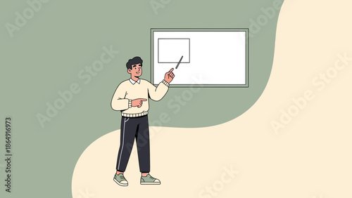Illustration of a male teacher pointing at a whiteboard during a lesson in a classroom setting