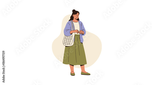 Casual woman standing outdoors wearing a long skirt and crossbody bag in a minimalist illustration