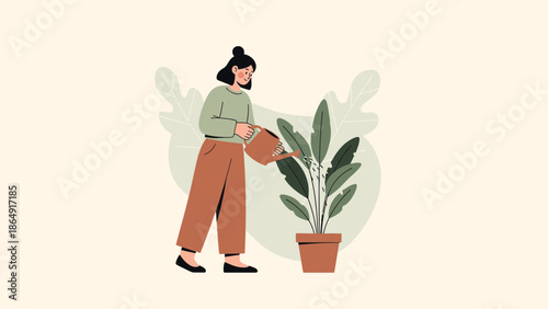 Illustration of a woman watering a potted plant showcasing indoor gardening and plant care