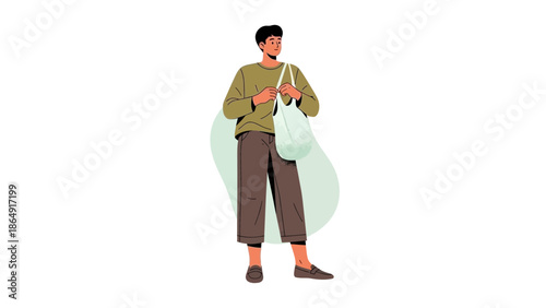Young man using smartphone with casual attire and tote bag standing against a white background
