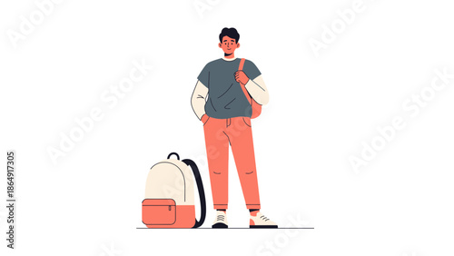 Young male student standing with backpack and casual outfit in a minimalistic illustration