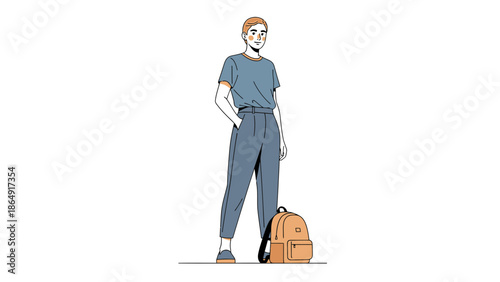 Stylish young woman with backpack standing confidently in casual attire